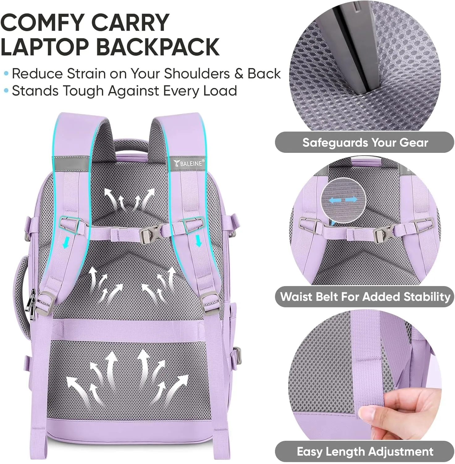 BALEINE Travel Backpack for Women Men, Large Sturdy Carry On Laptop Backpack Gifts for Business, Casual, Weekender, Hiking (XL, Lavender)