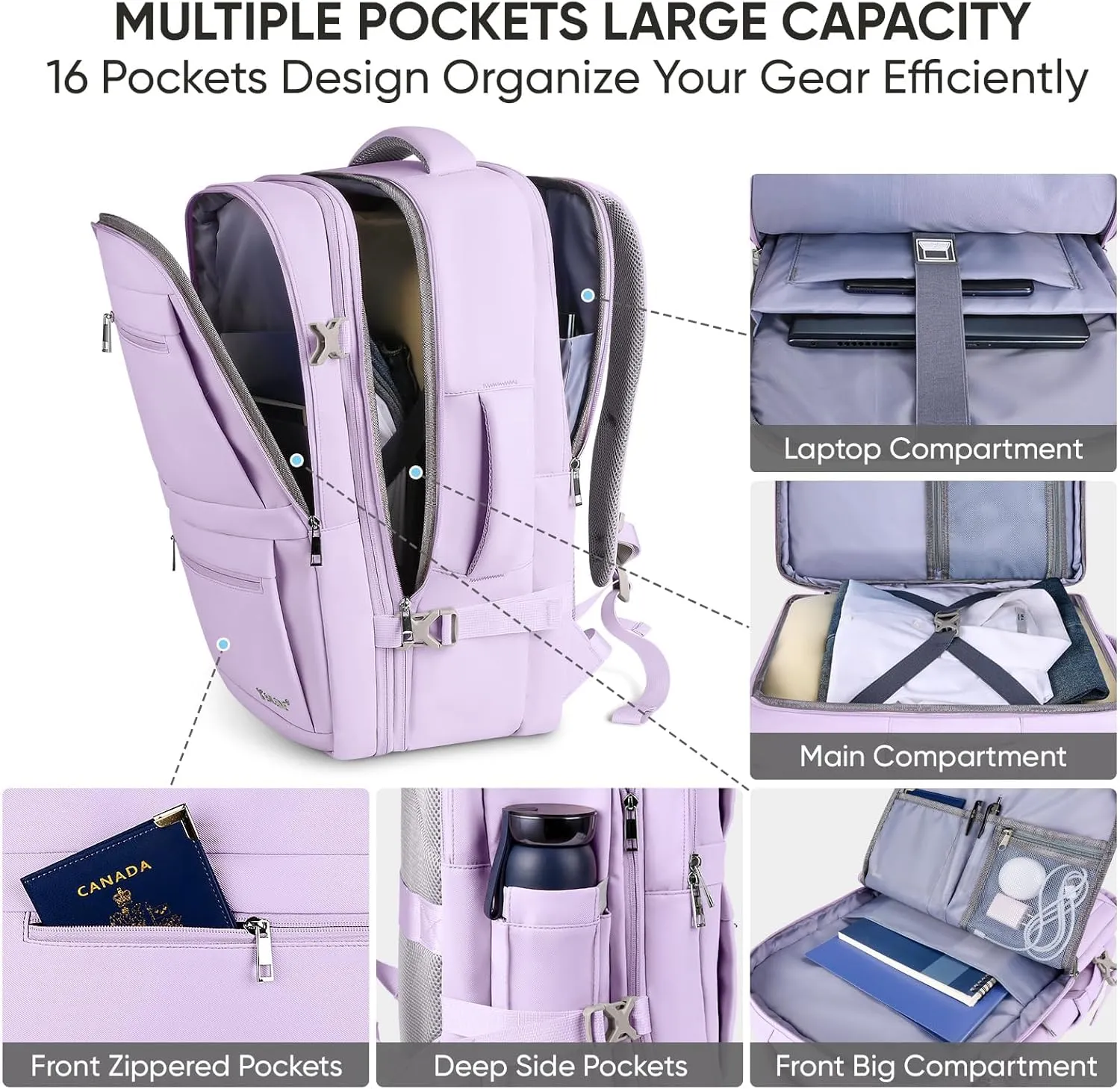 BALEINE Travel Backpack for Women Men, Large Sturdy Carry On Laptop Backpack Gifts for Business, Casual, Weekender, Hiking (XL, Lavender)