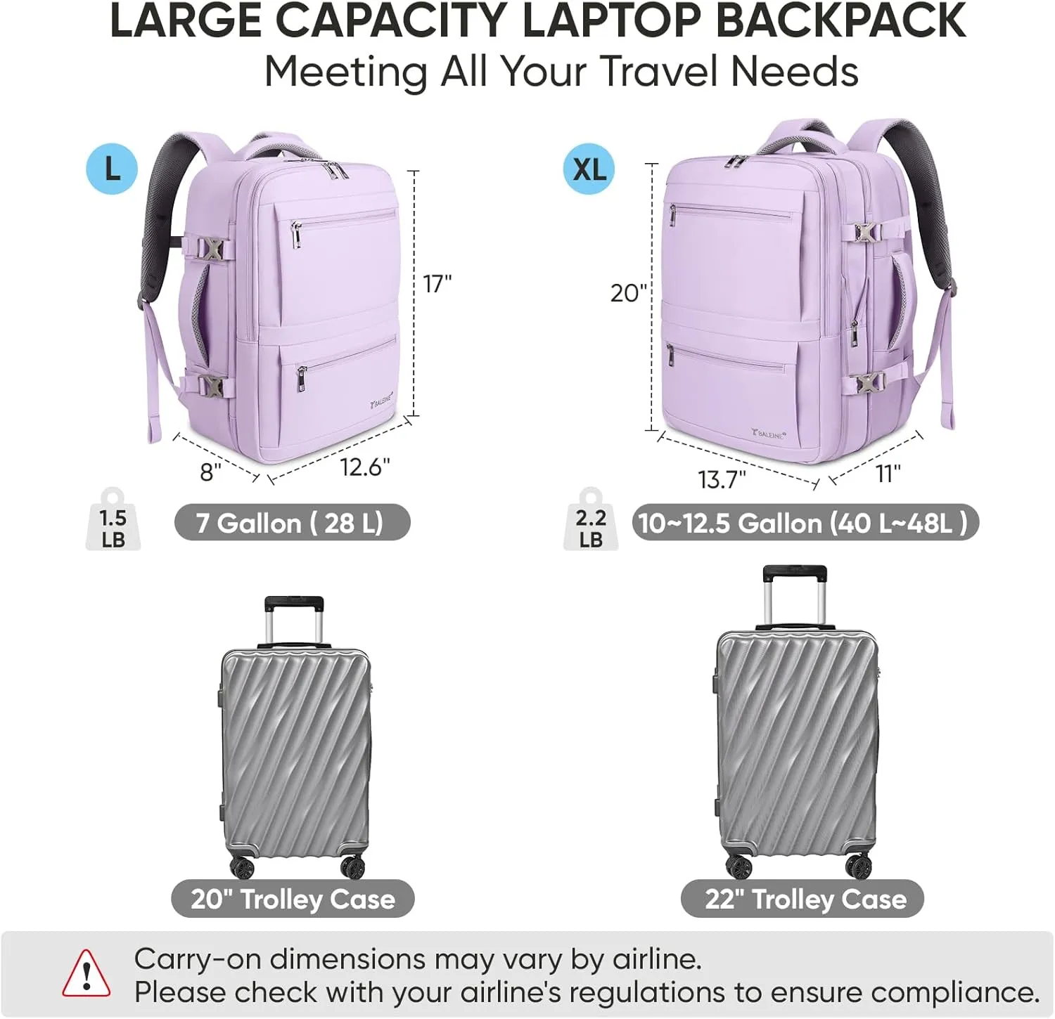 BALEINE Travel Backpack for Women Men, Large Sturdy Carry On Laptop Backpack Gifts for Business, Casual, Weekender, Hiking (XL, Lavender)