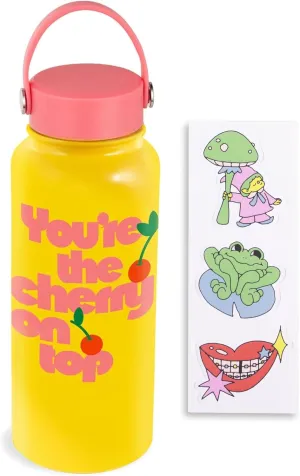 ban.do Large Water Bottle with Waterproof Sticker Pack, Stainless Steel Double Wall Tumbler, 33 Oz Insulated Metal Water Bottle with Twist on Lid and Strap (Cherry on Top)