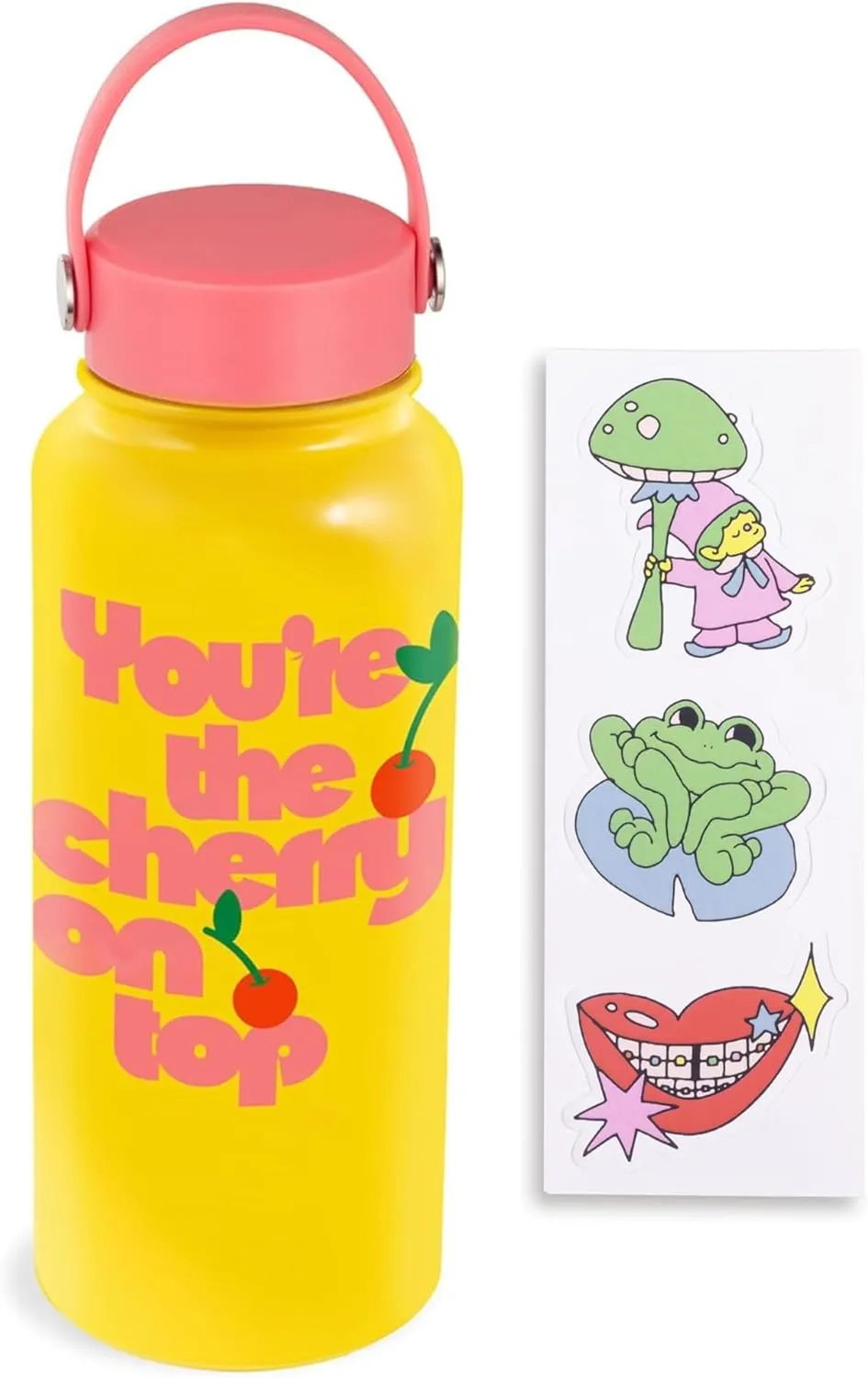 ban.do Large Water Bottle with Waterproof Sticker Pack, Stainless Steel Double Wall Tumbler, 33 Oz Insulated Metal Water Bottle with Twist on Lid and Strap (Cherry on Top)