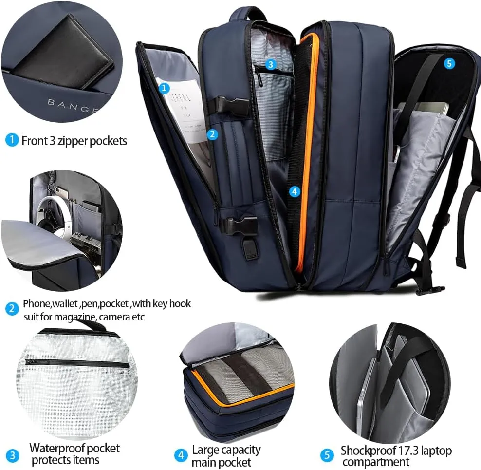 BANGE 45L Travel Backpack, Expandable Backpacks,Traveling Business Backpack For 17.3” Laptop,Airport Suitcase Backpack For Men
