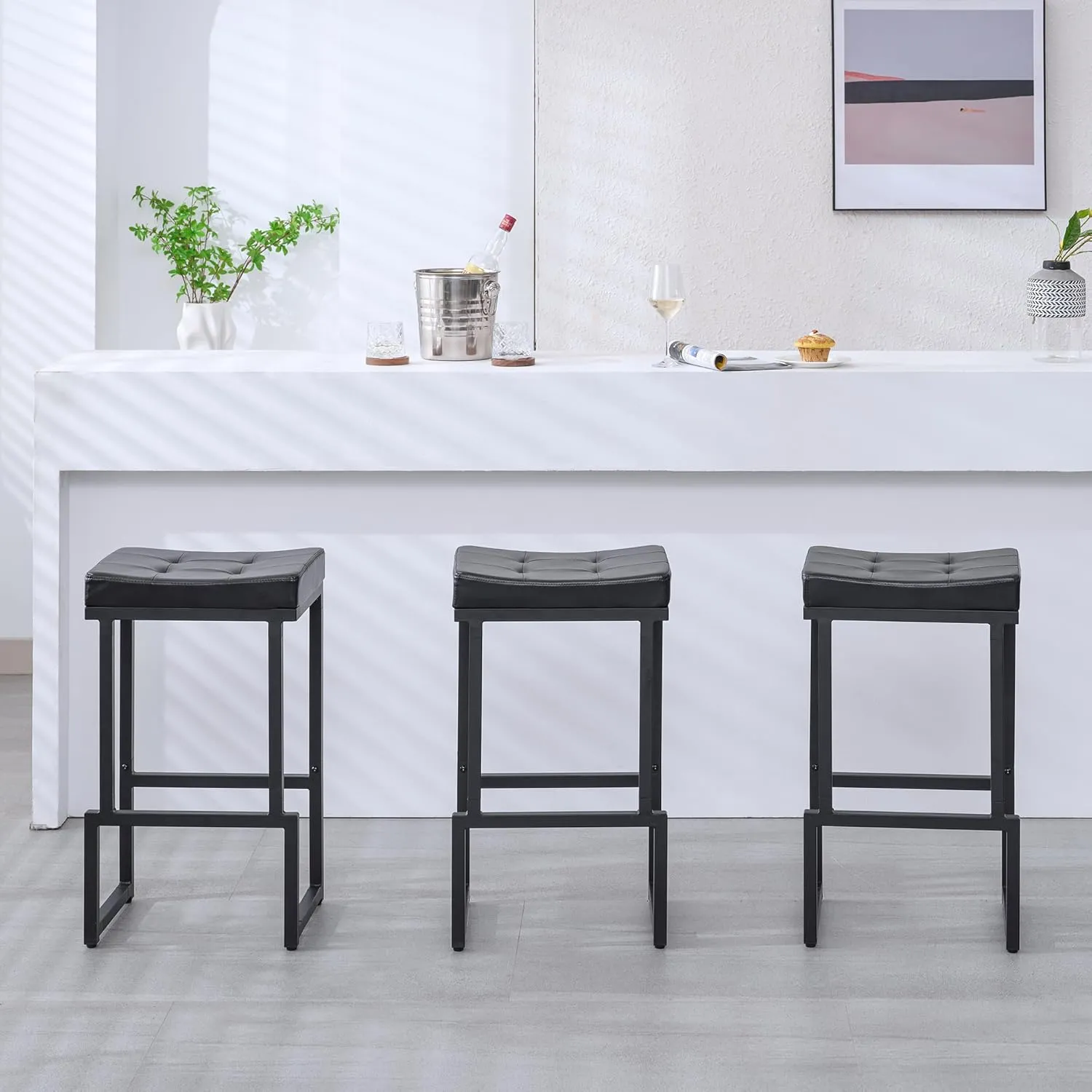 Bar Stools Set of 2, 28" Counter Height Bar Stools, Faux Leather Barstools for Kitchen Island, Backless Saddle Stools with Metal Legs (Black, 2PCS 28" Bar Stools)