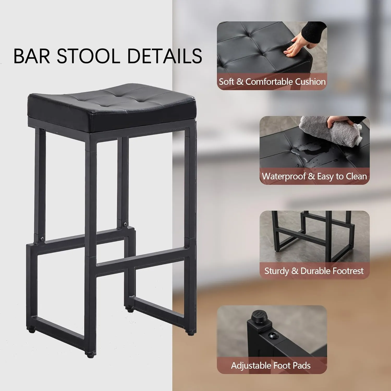 Bar Stools Set of 2, 28" Counter Height Bar Stools, Faux Leather Barstools for Kitchen Island, Backless Saddle Stools with Metal Legs (Black, 2PCS 28" Bar Stools)