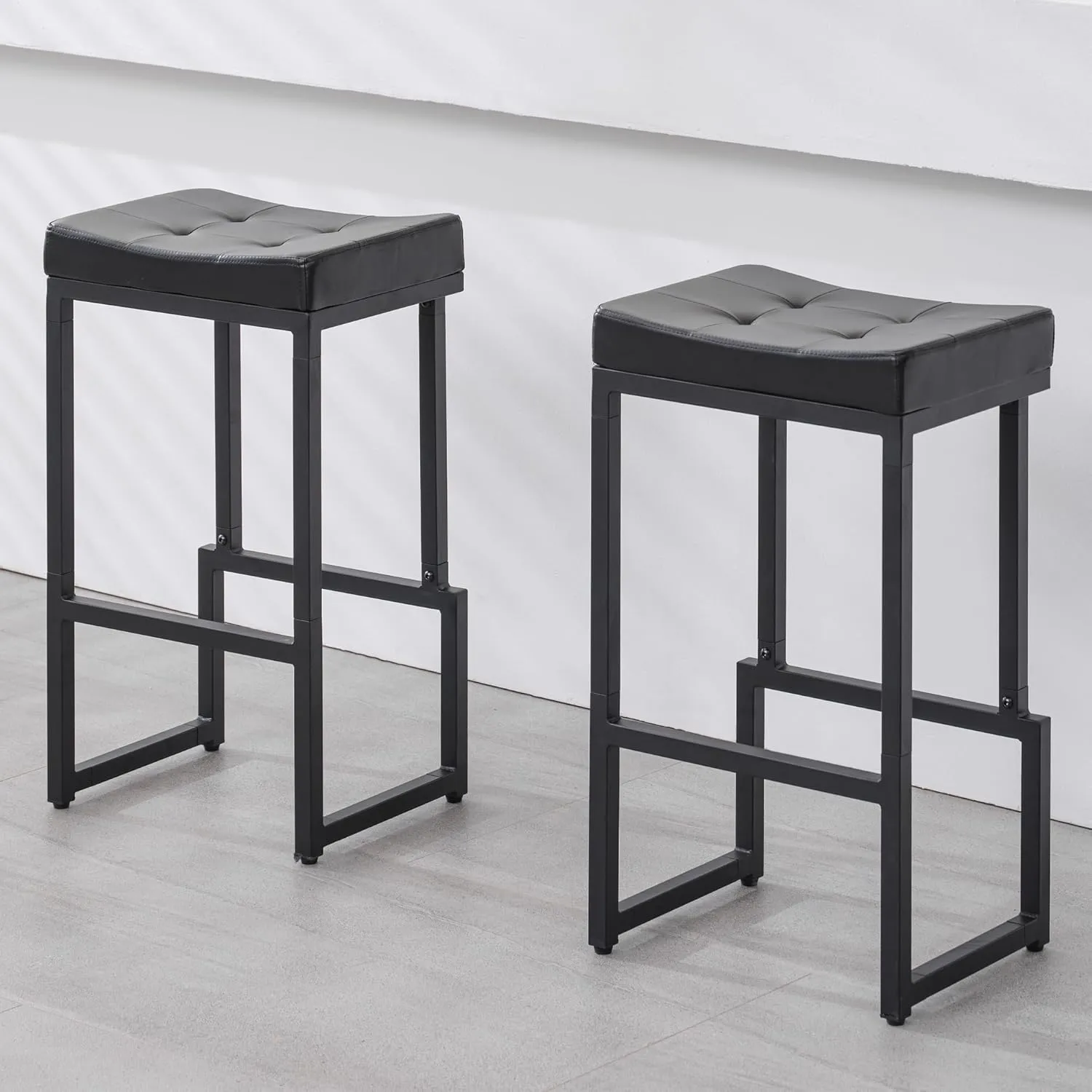Bar Stools Set of 2, 28" Counter Height Bar Stools, Faux Leather Barstools for Kitchen Island, Backless Saddle Stools with Metal Legs (Black, 2PCS 28" Bar Stools)