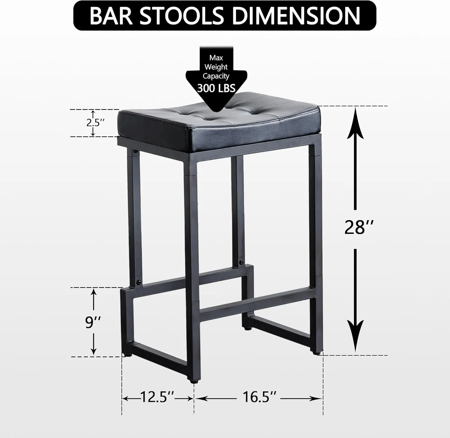 Bar Stools Set of 2, 28" Counter Height Bar Stools, Faux Leather Barstools for Kitchen Island, Backless Saddle Stools with Metal Legs (Black, 2PCS 28" Bar Stools)