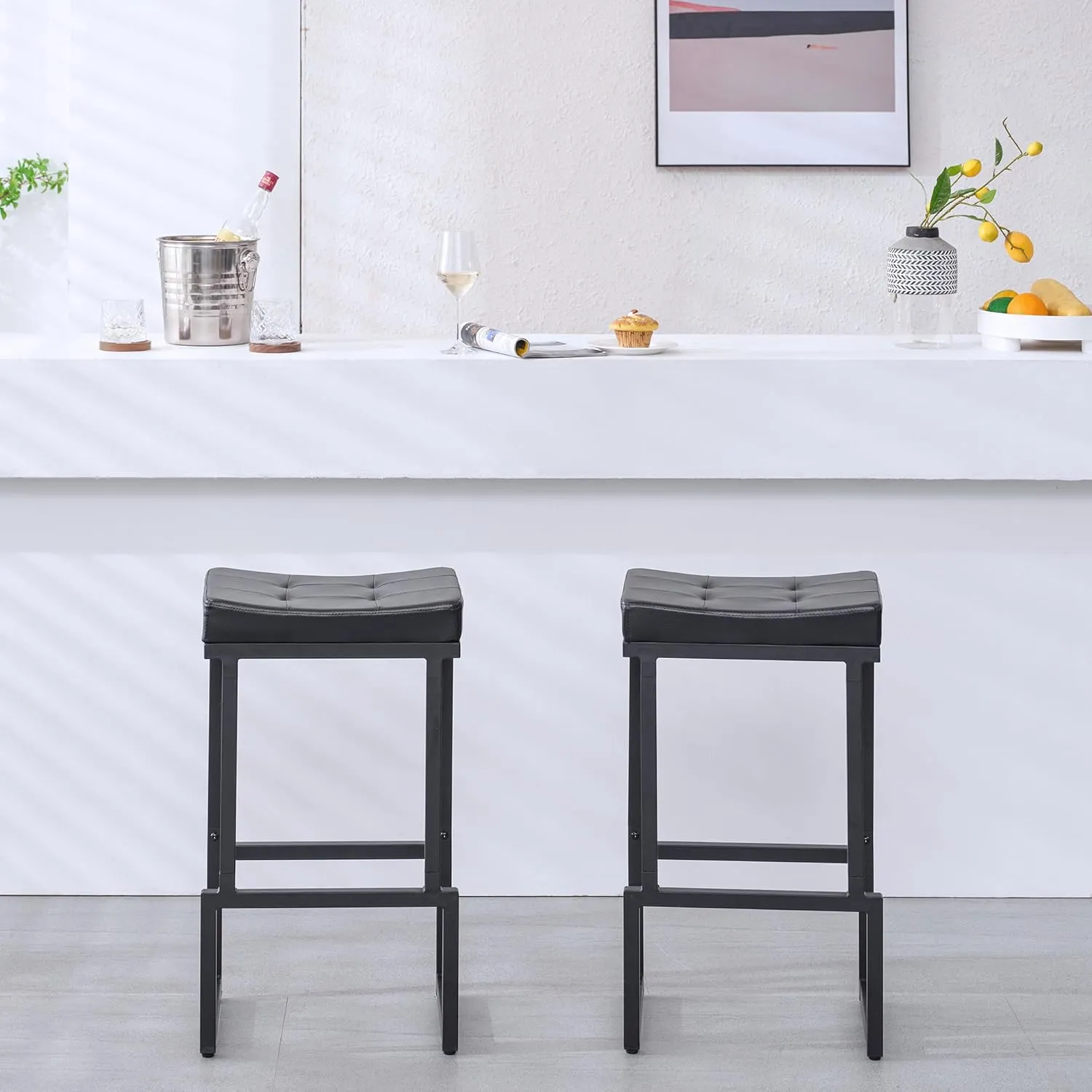 Bar Stools Set of 2, 28" Counter Height Bar Stools, Faux Leather Barstools for Kitchen Island, Backless Saddle Stools with Metal Legs (Black, 2PCS 28" Bar Stools)