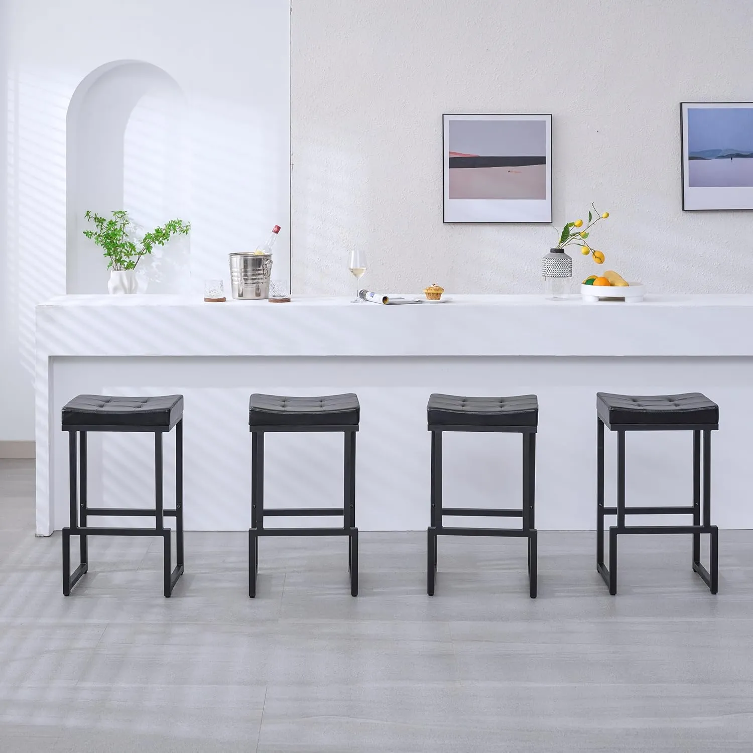 Bar Stools Set of 2, 28" Counter Height Bar Stools, Faux Leather Barstools for Kitchen Island, Backless Saddle Stools with Metal Legs (Black, 2PCS 28" Bar Stools)