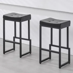 Bar Stools Set of 2, 28" Counter Height Bar Stools, Faux Leather Barstools for Kitchen Island, Backless Saddle Stools with Metal Legs (Black, 2PCS 28" Bar Stools)