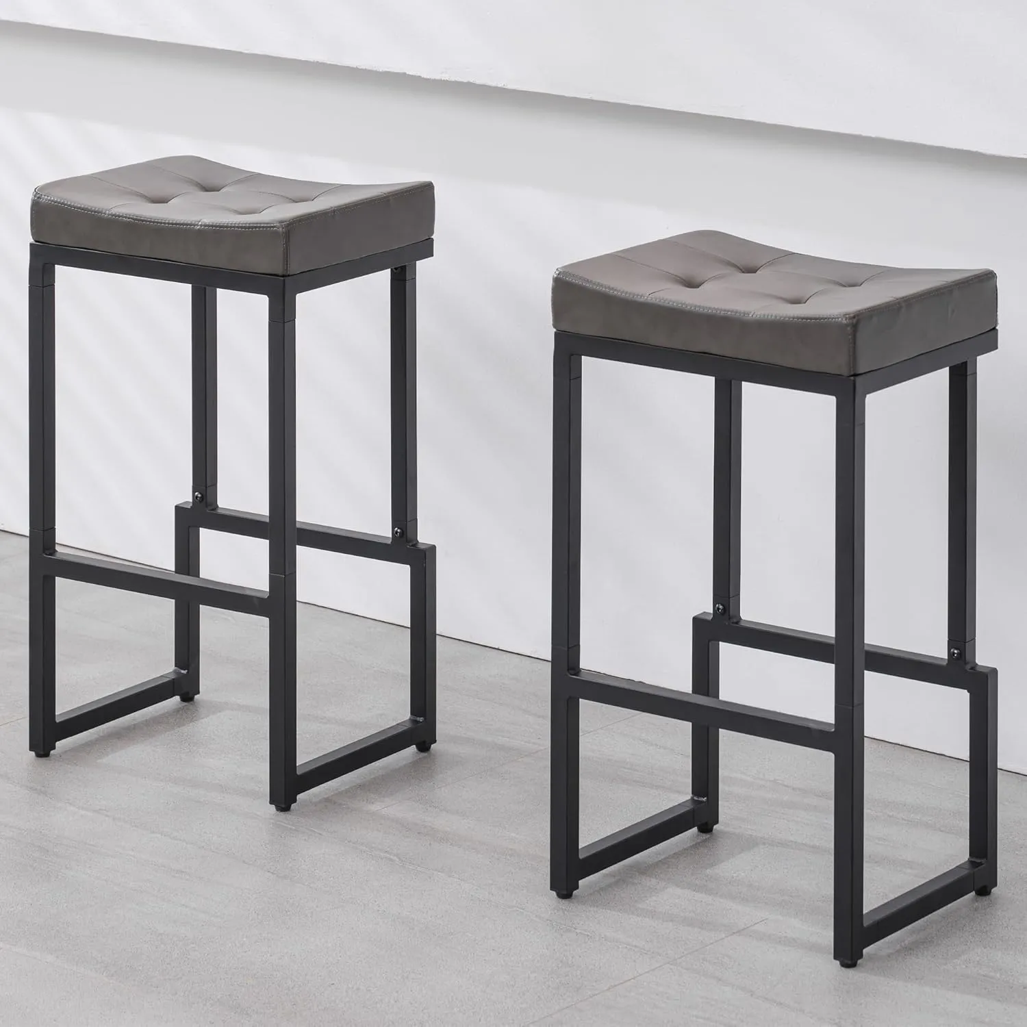 Bar Stools Set of 2, 28" Counter Height Bar Stools, Faux Leather Barstools for Kitchen Island, Backless Saddle Stools with Metal Legs (Grey, 2PCS 28" Bar Stools)
