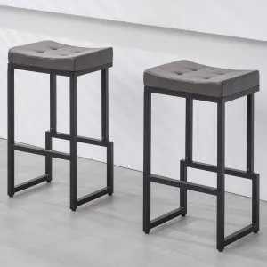 Bar Stools Set of 2, 28" Counter Height Bar Stools, Faux Leather Barstools for Kitchen Island, Backless Saddle Stools with Metal Legs (Grey, 2PCS 28" Bar Stools)