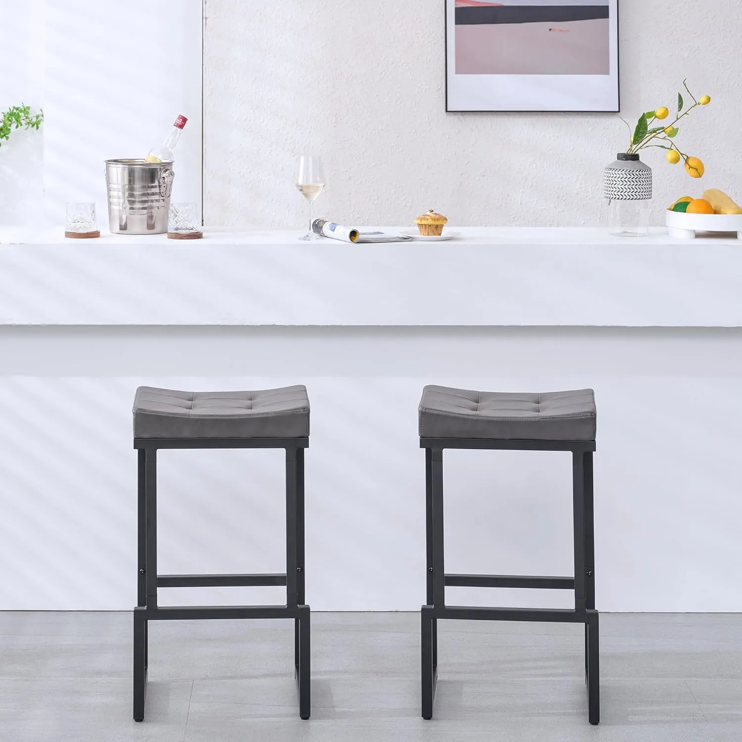 Bar Stools Set of 2, 28" Counter Height Bar Stools, Faux Leather Barstools for Kitchen Island, Backless Saddle Stools with Metal Legs (Grey, 2PCS 28" Bar Stools)