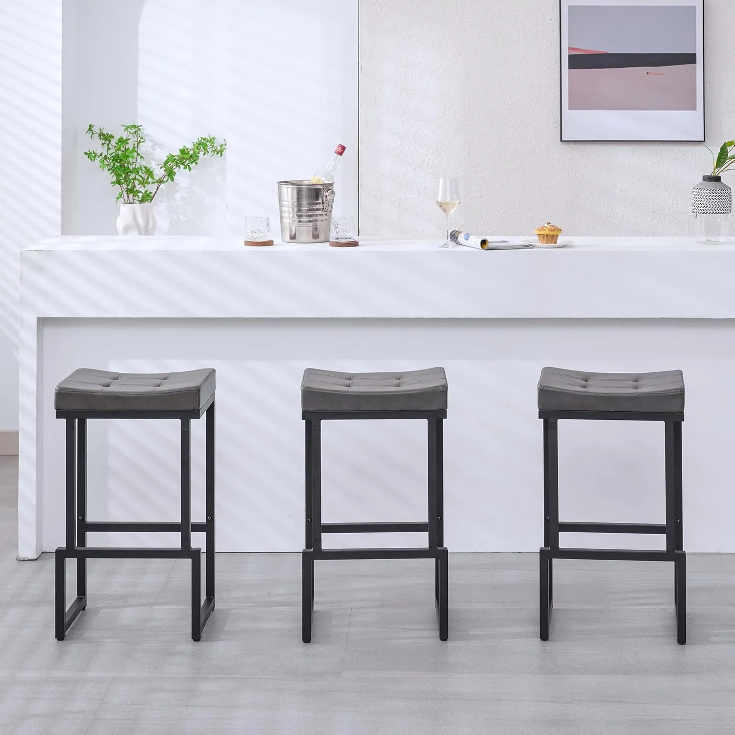 Bar Stools Set of 2, 28" Counter Height Bar Stools, Faux Leather Barstools for Kitchen Island, Backless Saddle Stools with Metal Legs (Grey, 2PCS 28" Bar Stools)