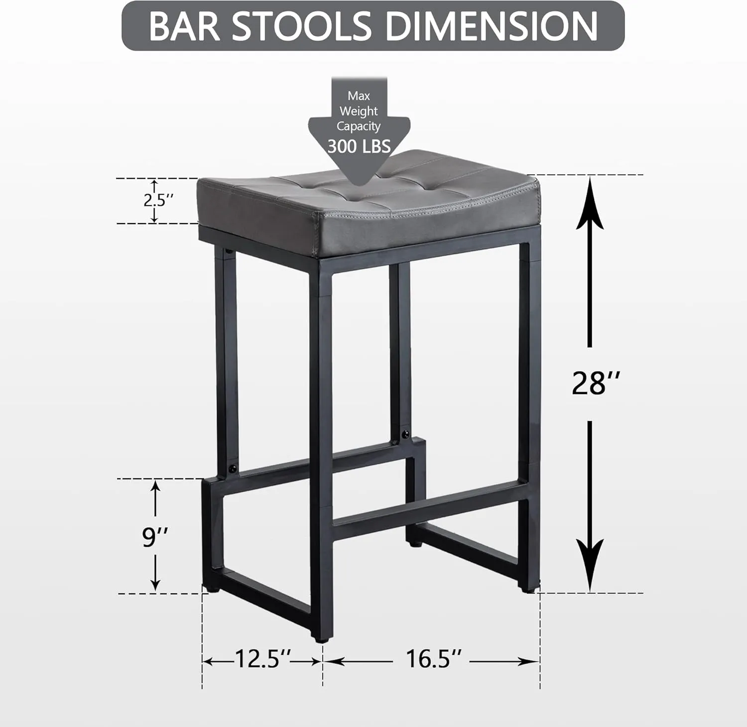 Bar Stools Set of 2, 28" Counter Height Bar Stools, Faux Leather Barstools for Kitchen Island, Backless Saddle Stools with Metal Legs (Grey, 2PCS 28" Bar Stools)