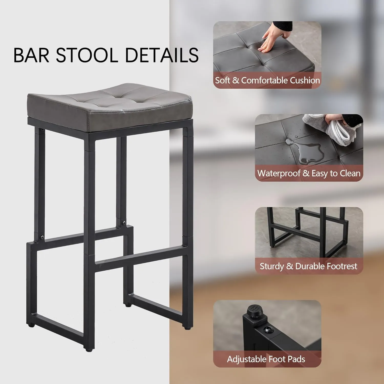 Bar Stools Set of 2, 28" Counter Height Bar Stools, Faux Leather Barstools for Kitchen Island, Backless Saddle Stools with Metal Legs (Grey, 2PCS 28" Bar Stools)