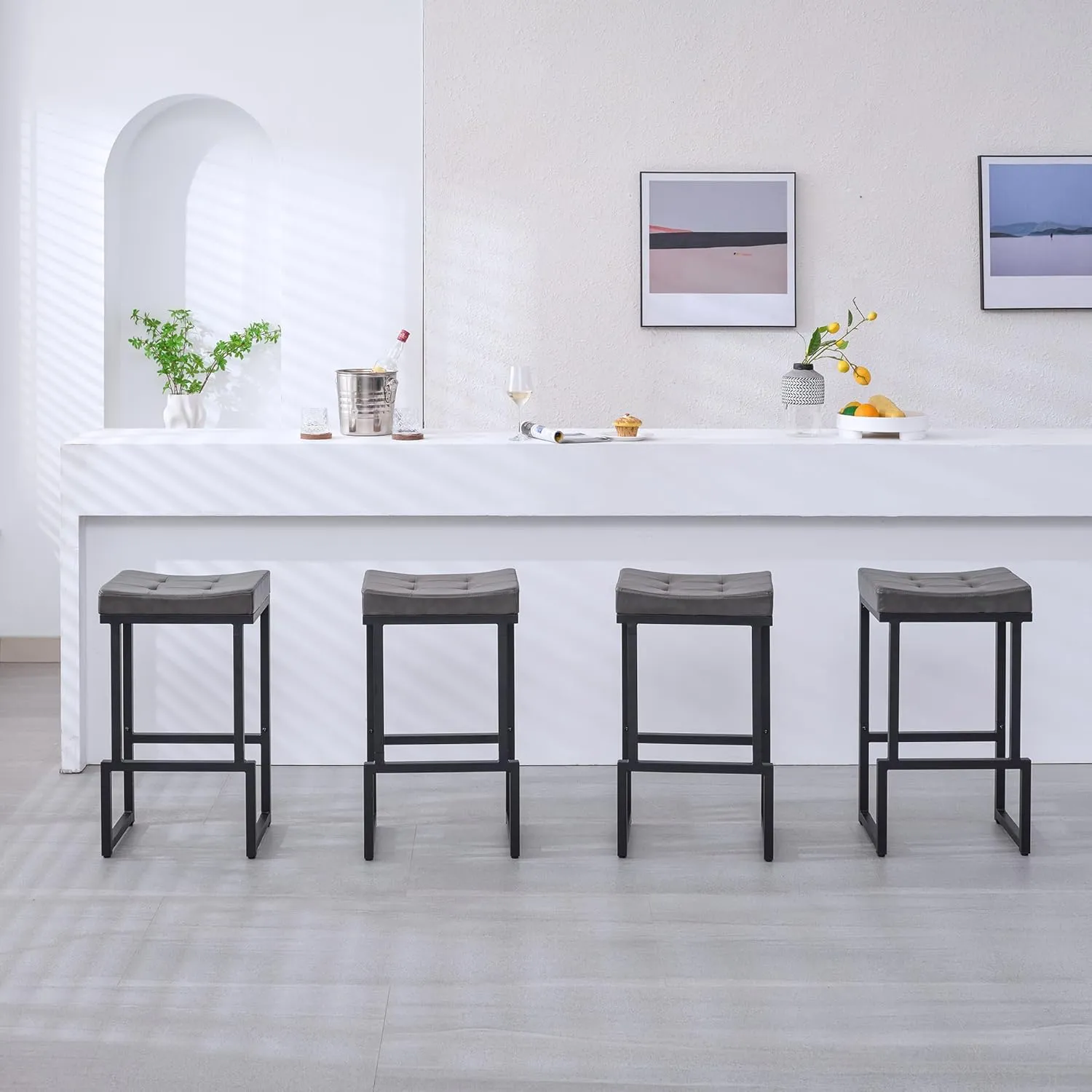 Bar Stools Set of 2, 28" Counter Height Bar Stools, Faux Leather Barstools for Kitchen Island, Backless Saddle Stools with Metal Legs (Grey, 2PCS 28" Bar Stools)