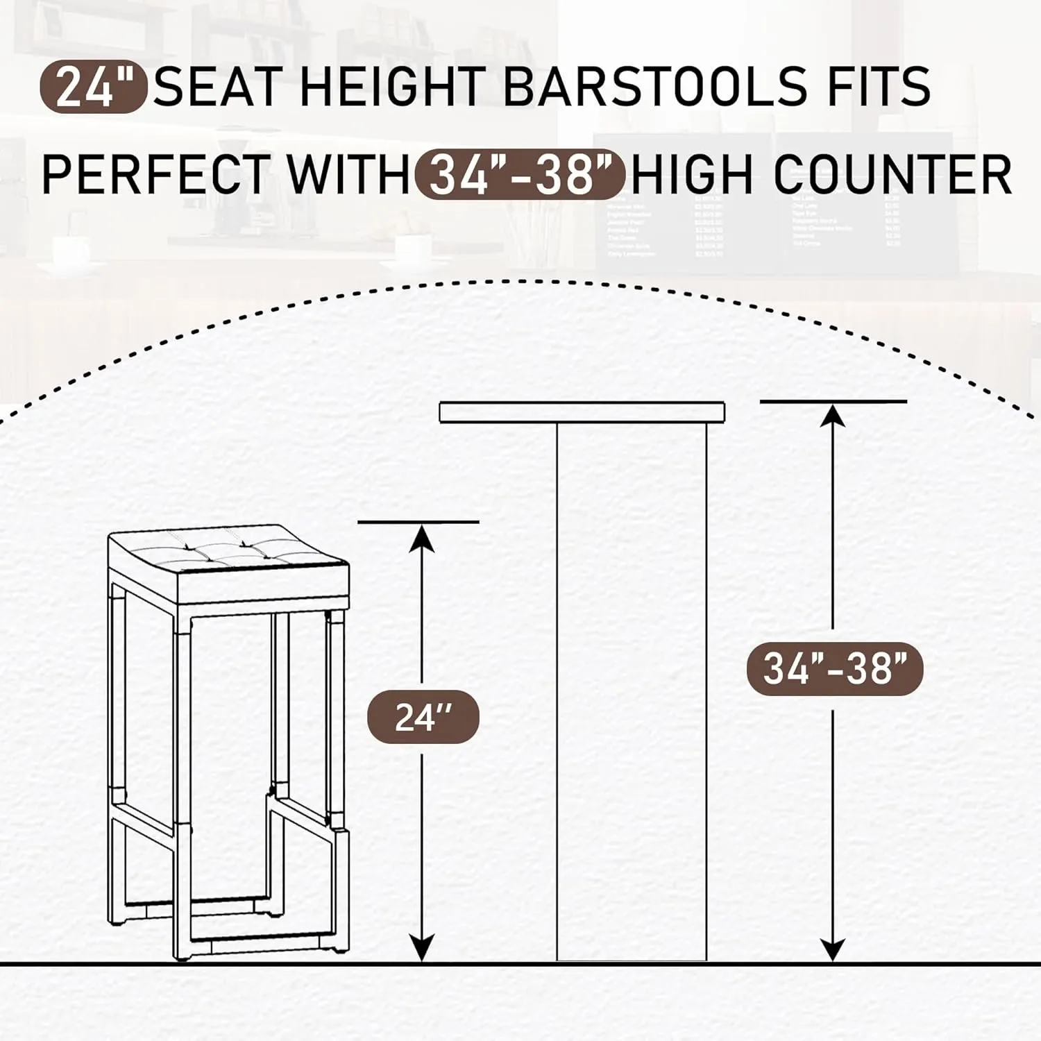 Bar Stools Set of 4, 24" Counter Height Bar Stools, Faux Leather Barstools for Kitchen Island, Backless Saddle Stools with Metal Legs (Dark Brown, 4PCS 24" Counter Stools)