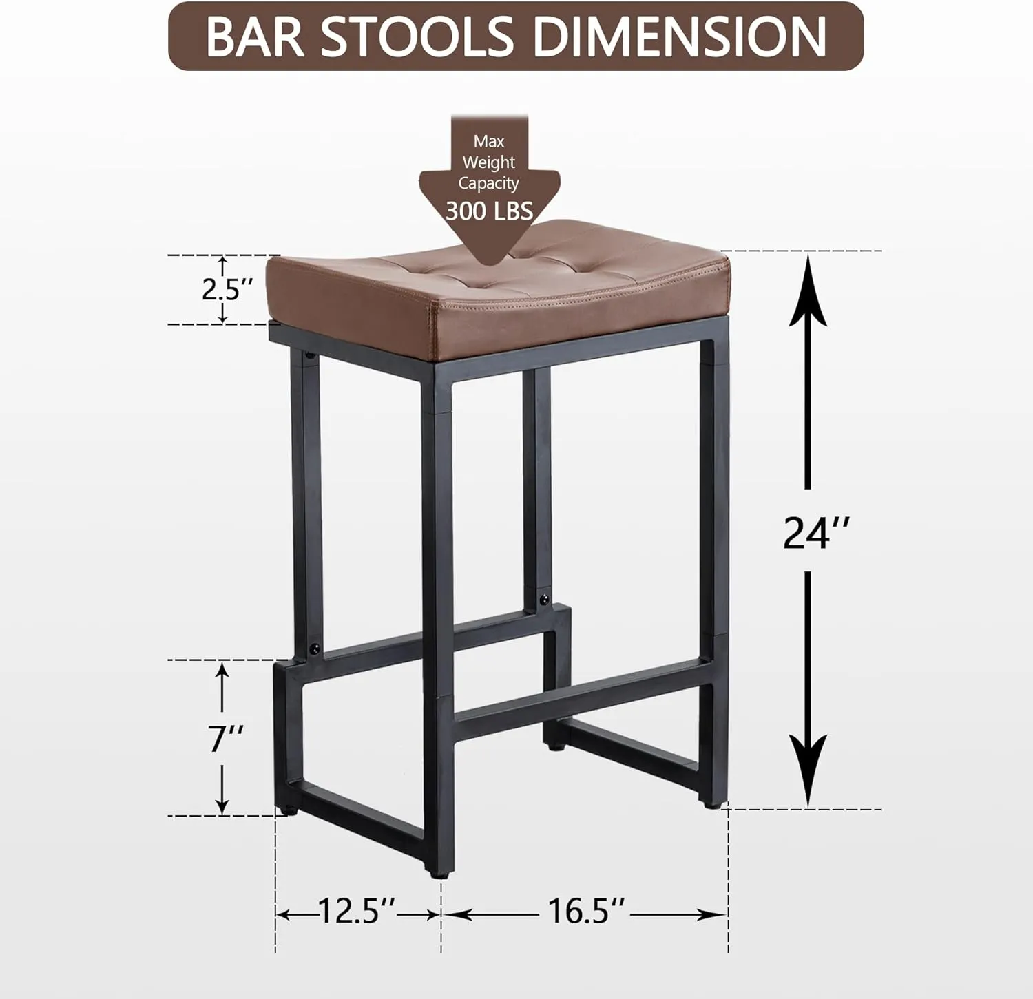 Bar Stools Set of 4, 24" Counter Height Bar Stools, Faux Leather Barstools for Kitchen Island, Backless Saddle Stools with Metal Legs (Dark Brown, 4PCS 24" Counter Stools)