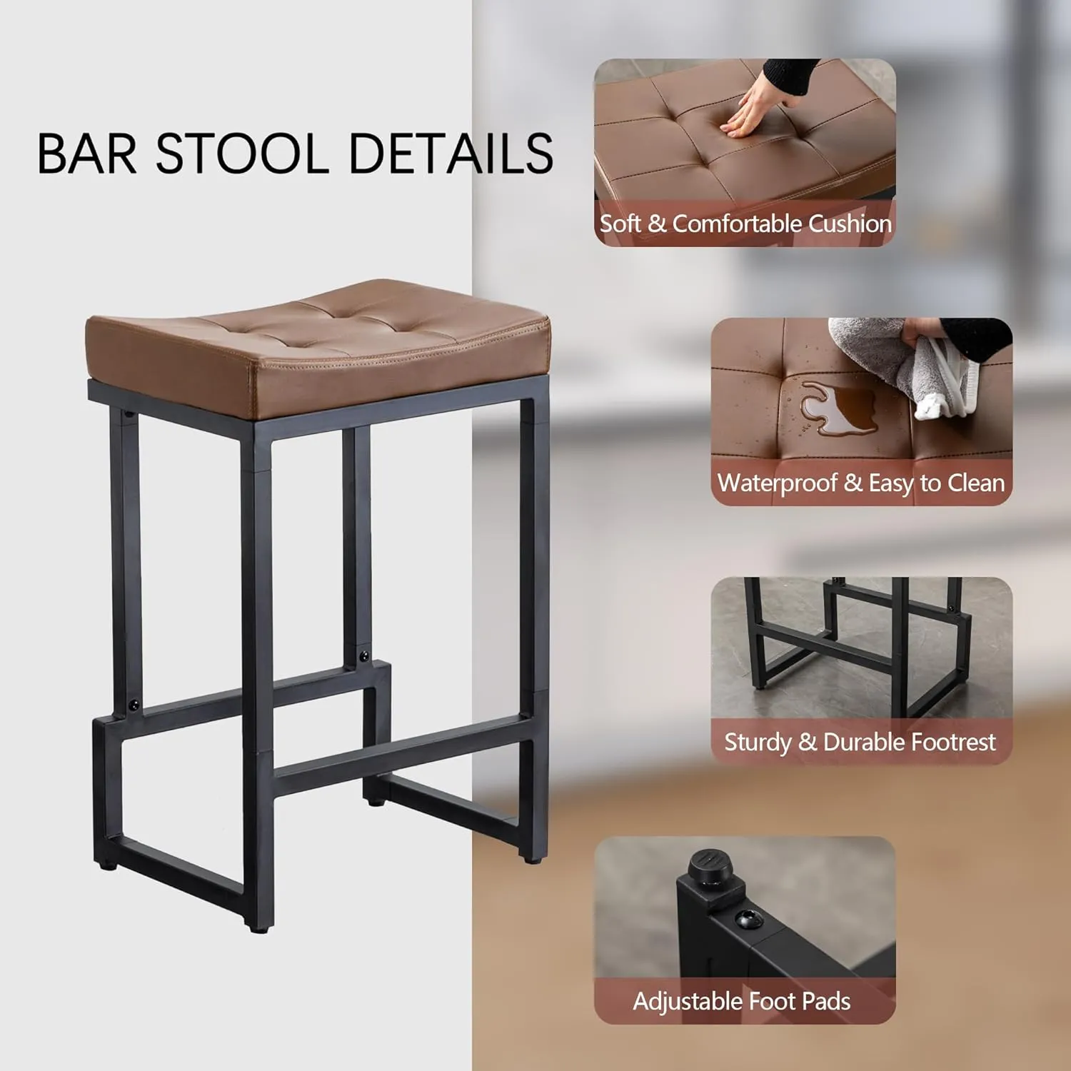 Bar Stools Set of 4, 24" Counter Height Bar Stools, Faux Leather Barstools for Kitchen Island, Backless Saddle Stools with Metal Legs (Dark Brown, 4PCS 24" Counter Stools)