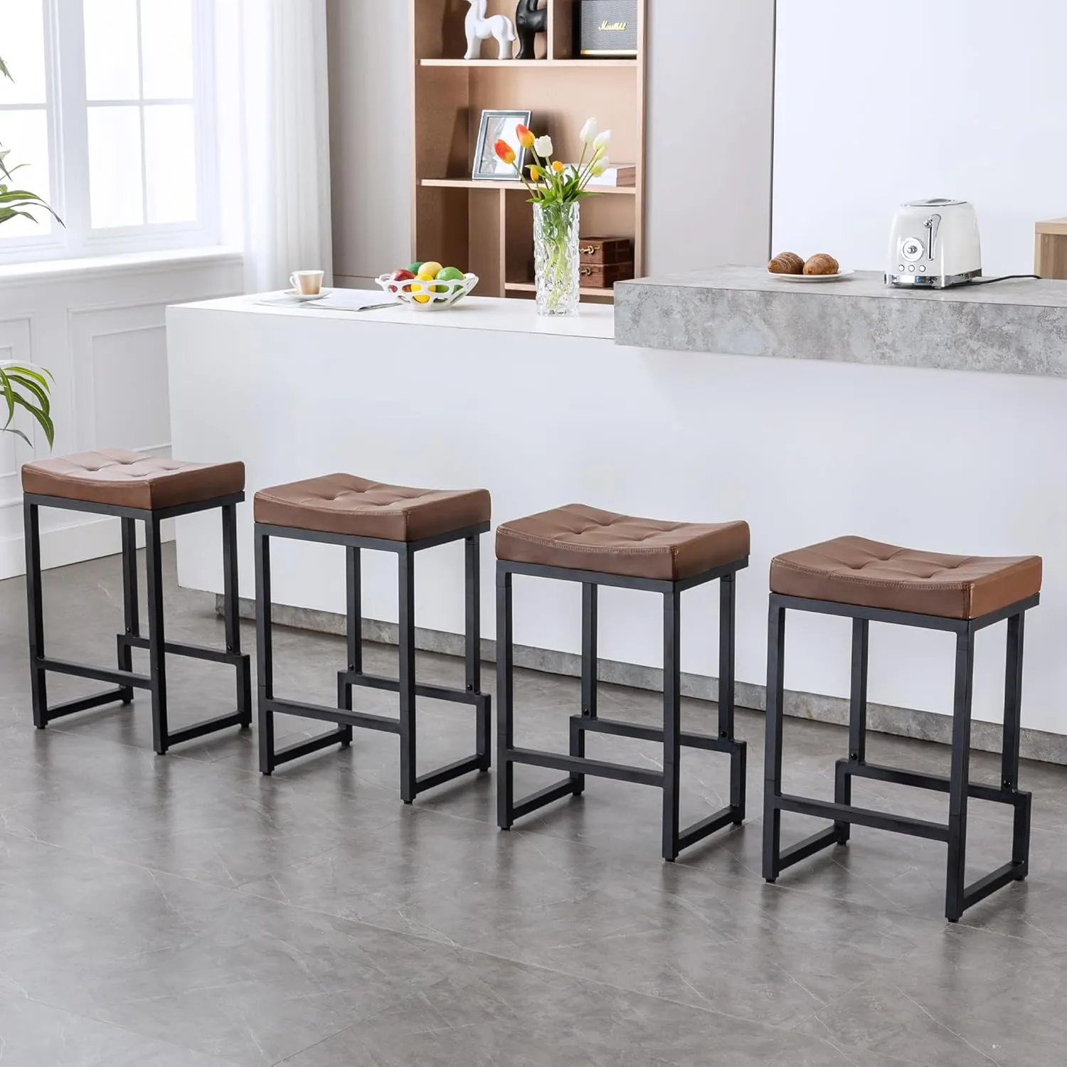 Bar Stools Set of 4, 24" Counter Height Bar Stools, Faux Leather Barstools for Kitchen Island, Backless Saddle Stools with Metal Legs (Dark Brown, 4PCS 24" Counter Stools)