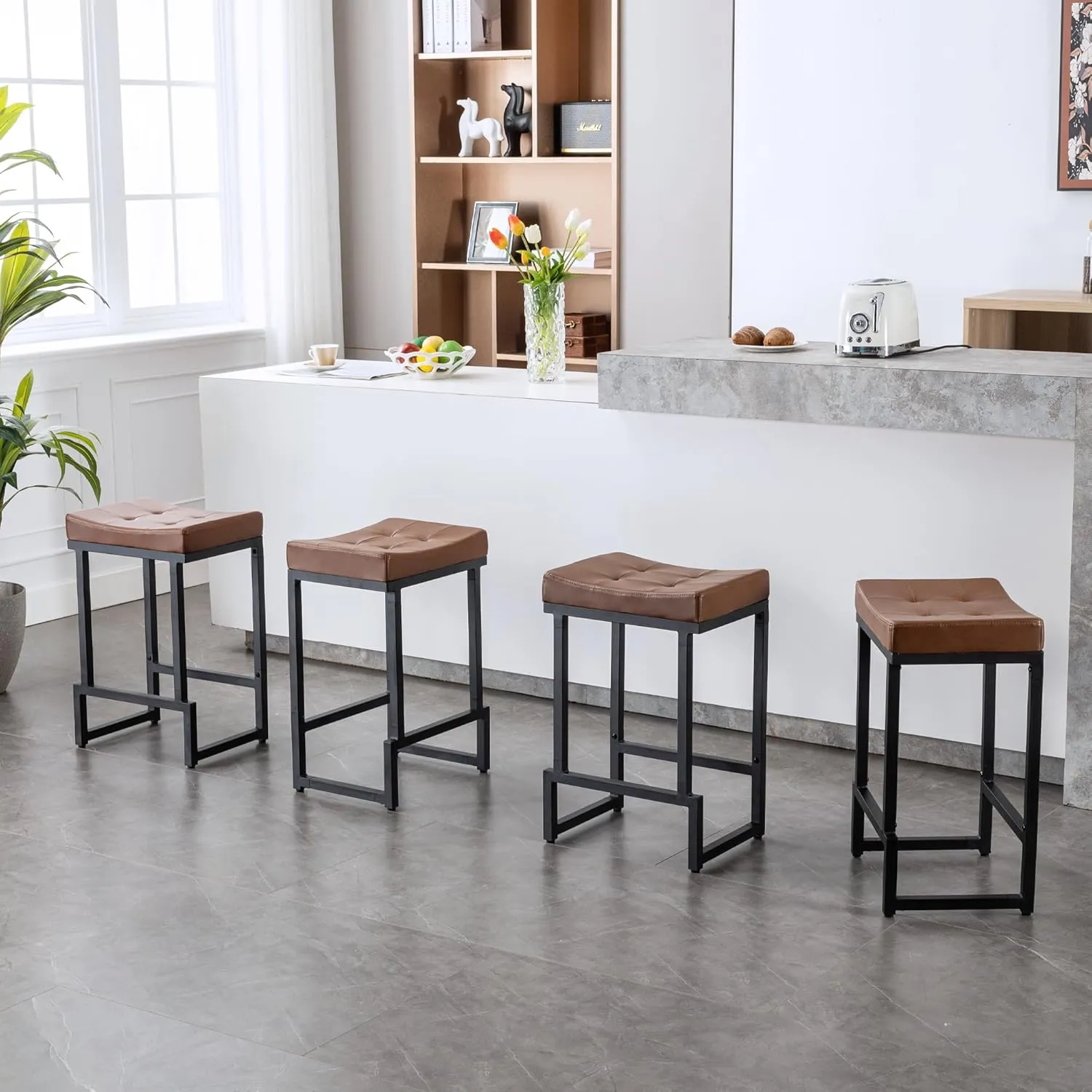 Bar Stools Set of 4, 24" Counter Height Bar Stools, Faux Leather Barstools for Kitchen Island, Backless Saddle Stools with Metal Legs (Dark Brown, 4PCS 24" Counter Stools)