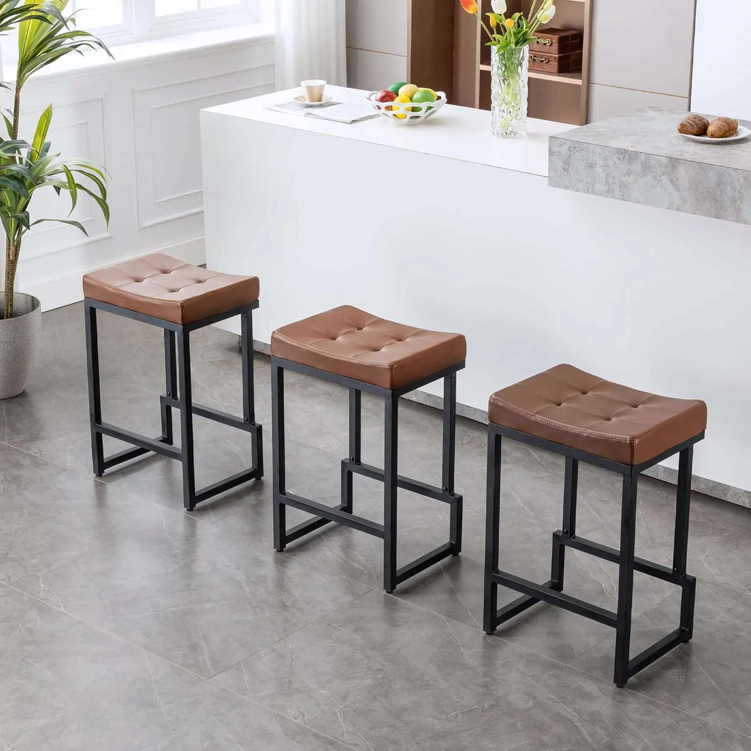 Bar Stools Set of 4, 24" Counter Height Bar Stools, Faux Leather Barstools for Kitchen Island, Backless Saddle Stools with Metal Legs (Dark Brown, 4PCS 24" Counter Stools)