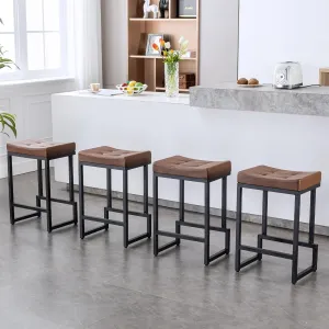 Bar Stools Set of 4, 24" Counter Height Bar Stools, Faux Leather Barstools for Kitchen Island, Backless Saddle Stools with Metal Legs (Dark Brown, 4PCS 24" Counter Stools)