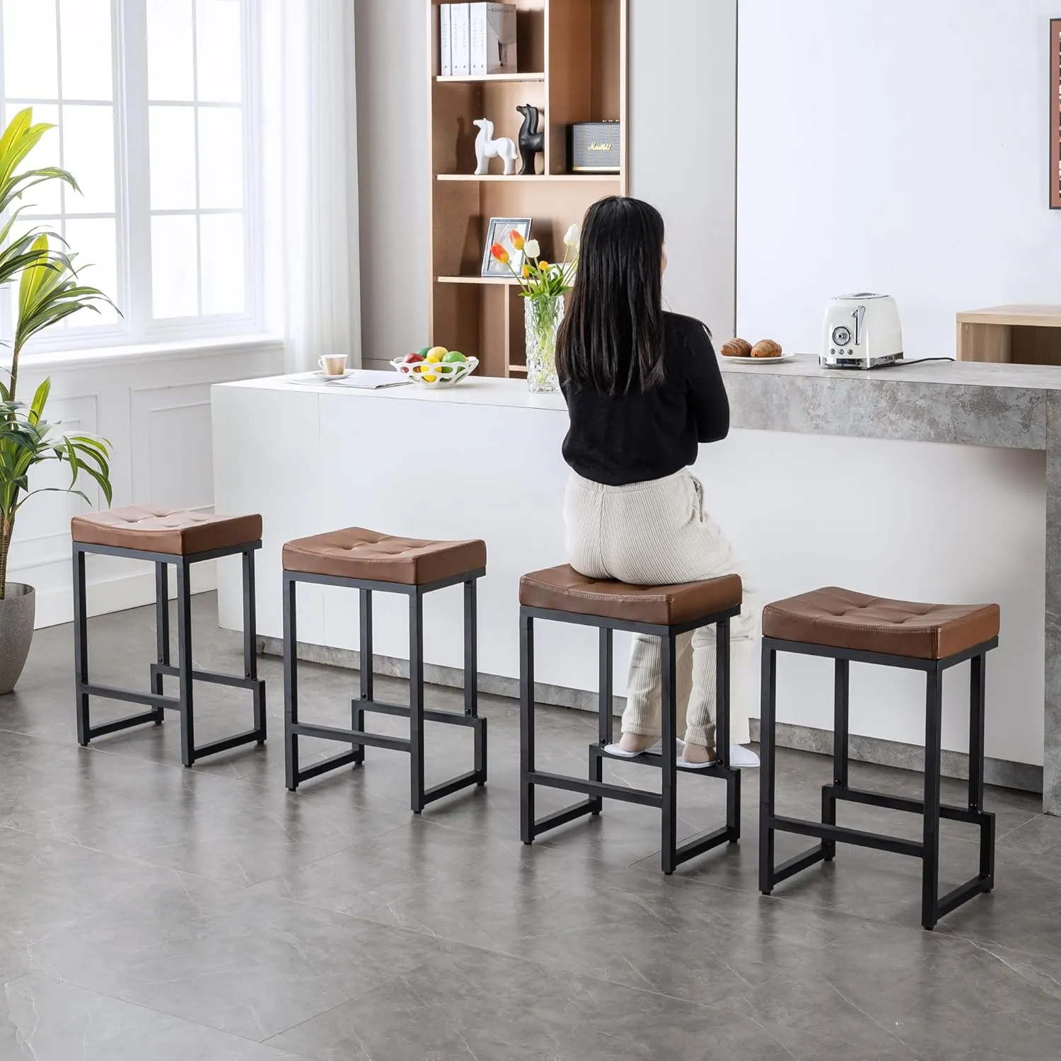 Bar Stools Set of 4, 24" Counter Height Bar Stools, Faux Leather Barstools for Kitchen Island, Backless Saddle Stools with Metal Legs (Dark Brown, 4PCS 24" Counter Stools)