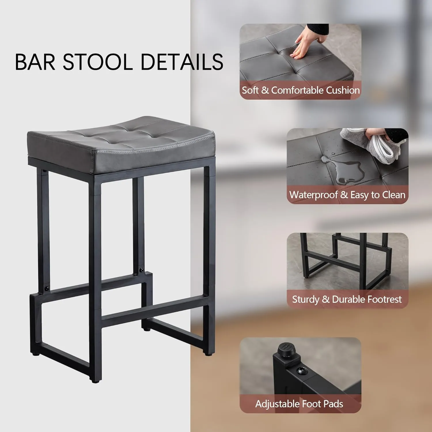 Bar Stools Set of 4, 24" Counter Height Bar Stools, Faux Leather Barstools for Kitchen Island, Backless Saddle Stools with Metal Legs (Grey, 4PCS 24" Counter Stools)