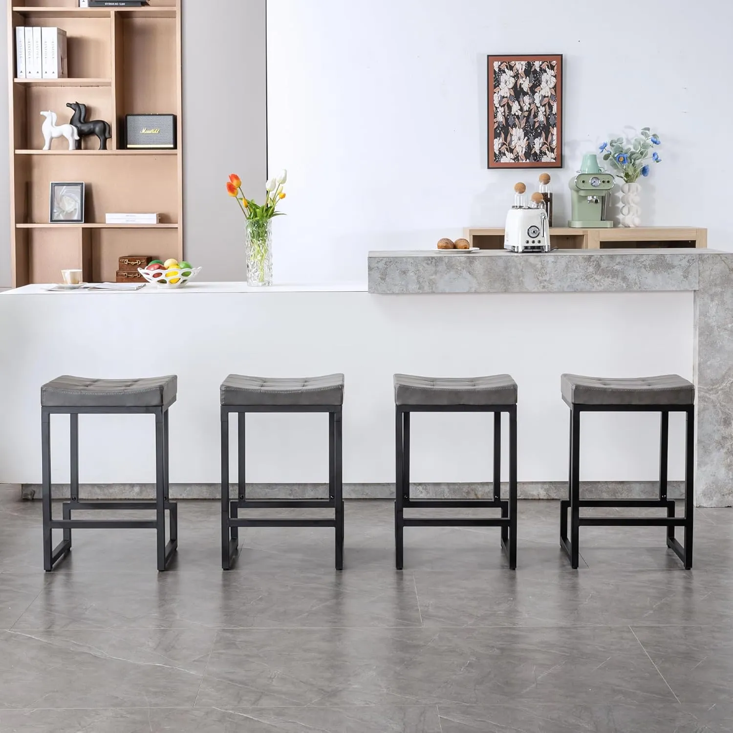 Bar Stools Set of 4, 24" Counter Height Bar Stools, Faux Leather Barstools for Kitchen Island, Backless Saddle Stools with Metal Legs (Grey, 4PCS 24" Counter Stools)