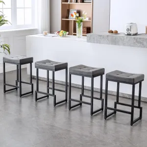 Bar Stools Set of 4, 24" Counter Height Bar Stools, Faux Leather Barstools for Kitchen Island, Backless Saddle Stools with Metal Legs (Grey, 4PCS 24" Counter Stools)