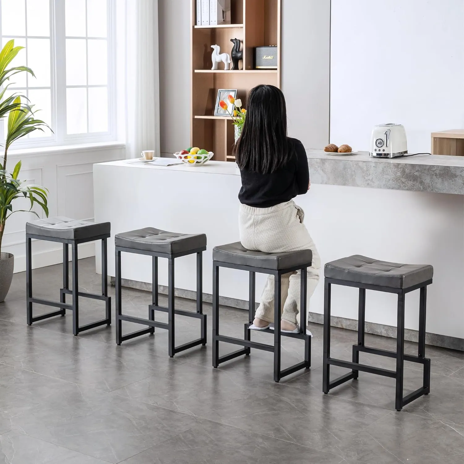 Bar Stools Set of 4, 24" Counter Height Bar Stools, Faux Leather Barstools for Kitchen Island, Backless Saddle Stools with Metal Legs (Grey, 4PCS 24" Counter Stools)