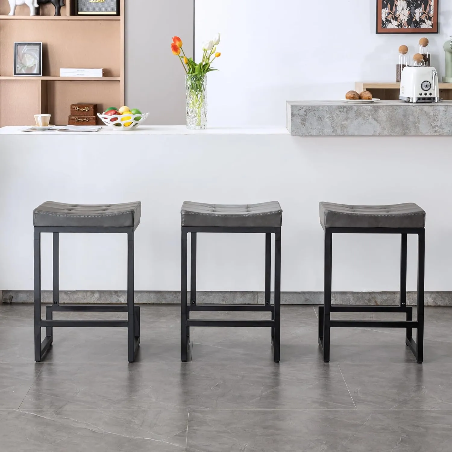 Bar Stools Set of 4, 24" Counter Height Bar Stools, Faux Leather Barstools for Kitchen Island, Backless Saddle Stools with Metal Legs (Grey, 4PCS 24" Counter Stools)