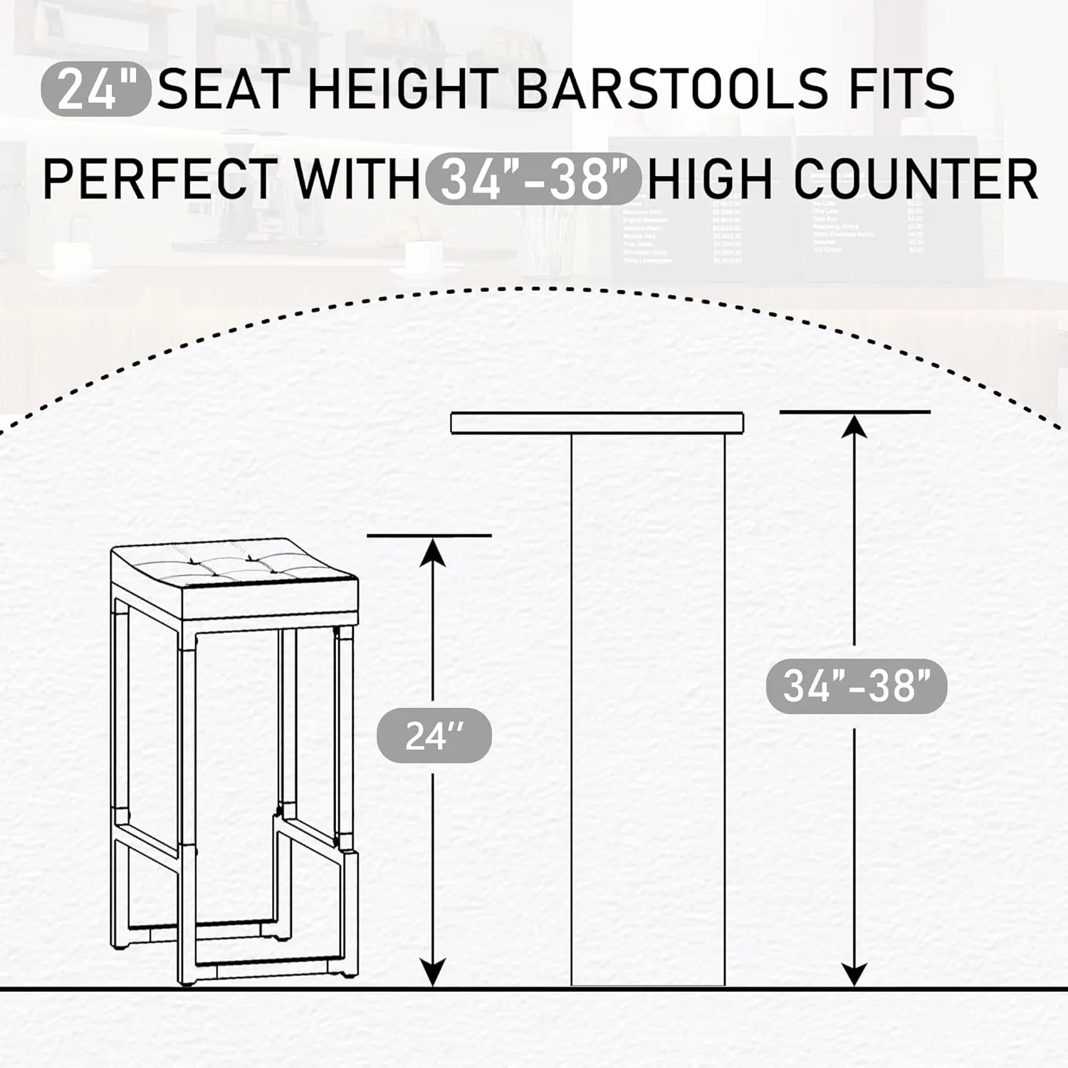 Bar Stools Set of 4, 24" Counter Height Bar Stools, Faux Leather Barstools for Kitchen Island, Backless Saddle Stools with Metal Legs (Grey, 4PCS 24" Counter Stools)