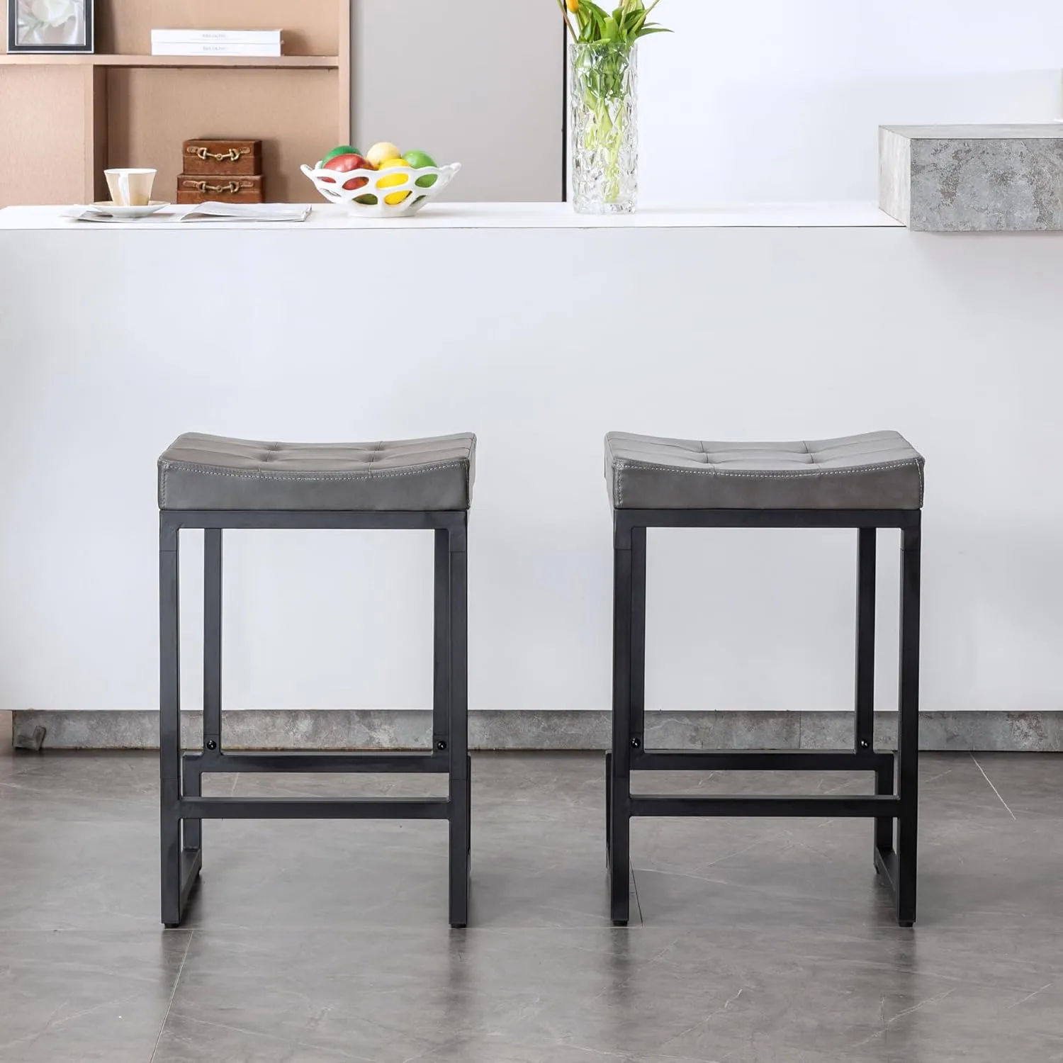 Bar Stools Set of 4, 24" Counter Height Bar Stools, Faux Leather Barstools for Kitchen Island, Backless Saddle Stools with Metal Legs (Grey, 4PCS 24" Counter Stools)