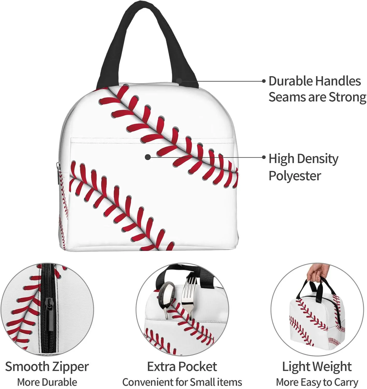 Baseball Lunch Bag for Women Men, Insulated Reusable Lunch Tote Bag, Large Capacity Lunch Box for Work, Leakproof Cooler Lunch Bag for Office Picnic Travel
