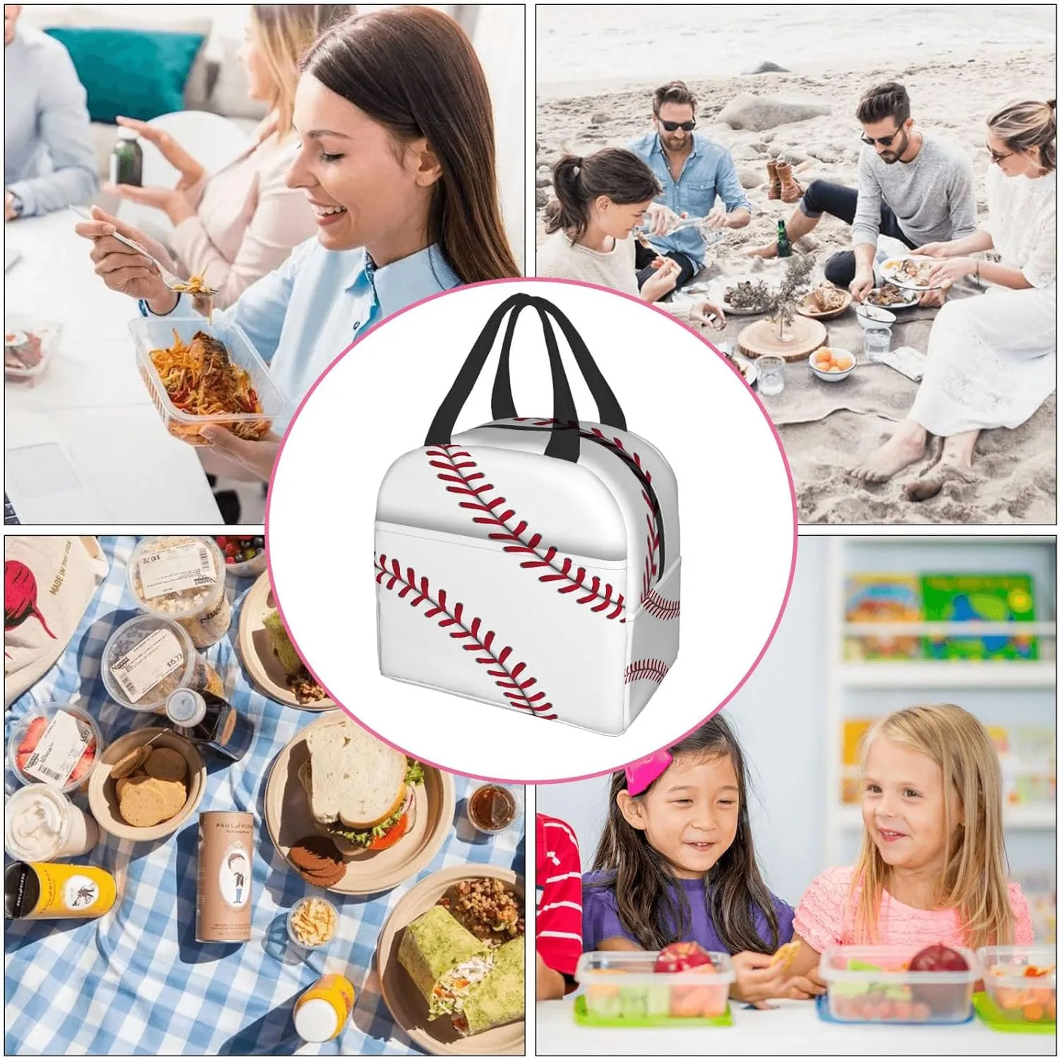Baseball Lunch Bag for Women Men, Insulated Reusable Lunch Tote Bag, Large Capacity Lunch Box for Work, Leakproof Cooler Lunch Bag for Office Picnic Travel