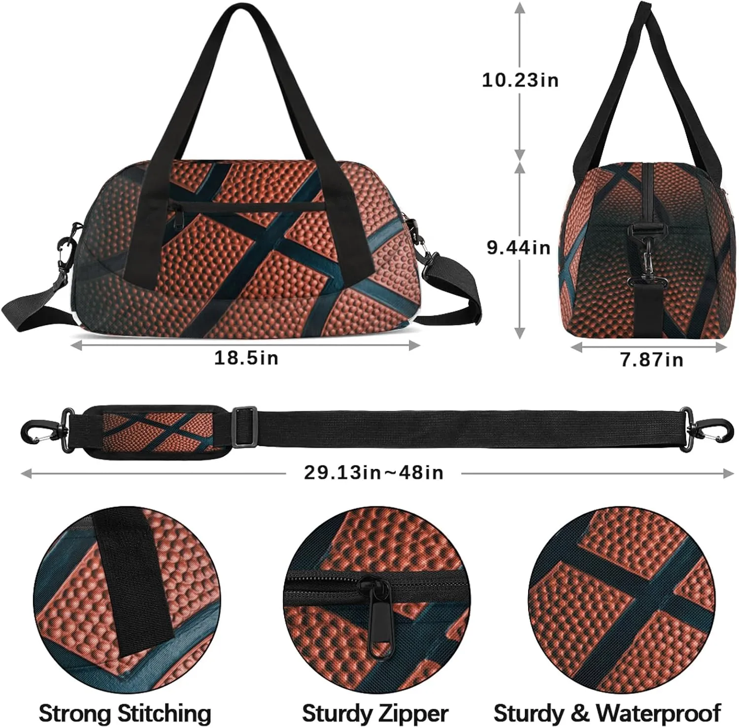 Basketball Ball Print Kids Duffel Bag Lightweight Waterproof Sports Gym Bag with Front Zipper Pocket Foldable Weekender Overnight Bag for School Practice Gymnastic Ballet