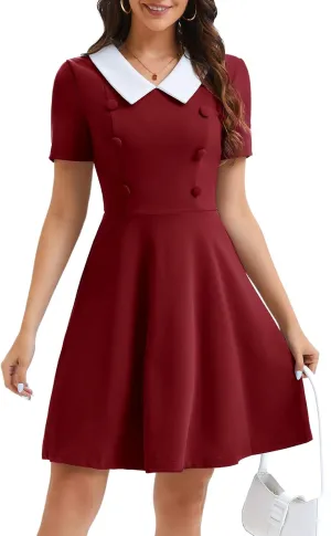 Bbonlinedress 1950s Vintage Dress for Women Retro Rockabilly Peter Pan Collar Short Sleeve Cocktail Party A Line Dresses