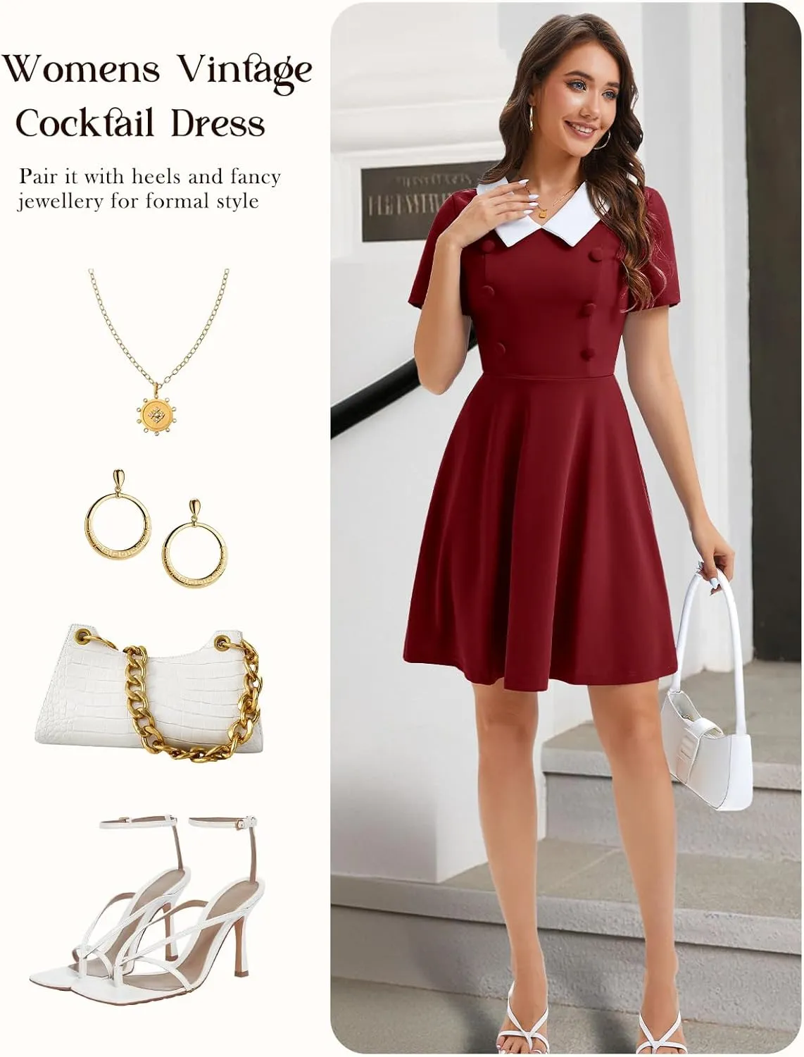 Bbonlinedress 1950s Vintage Dress for Women Retro Rockabilly Peter Pan Collar Short Sleeve Cocktail Party A Line Dresses