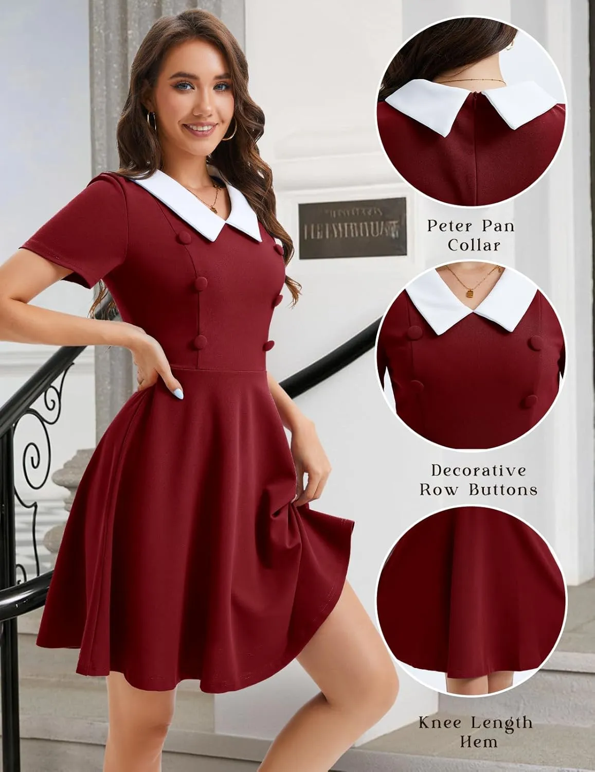 Bbonlinedress 1950s Vintage Dress for Women Retro Rockabilly Peter Pan Collar Short Sleeve Cocktail Party A Line Dresses