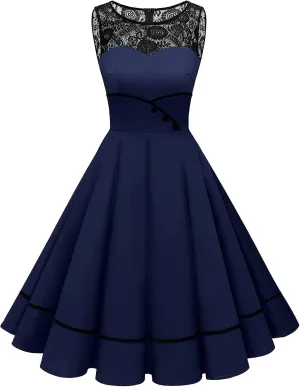 Bbonlinedress Women's 50s Vintage Floral Lace Retro Rockabilly Sleeveless Round Neck Cocktail Party Swing Dress