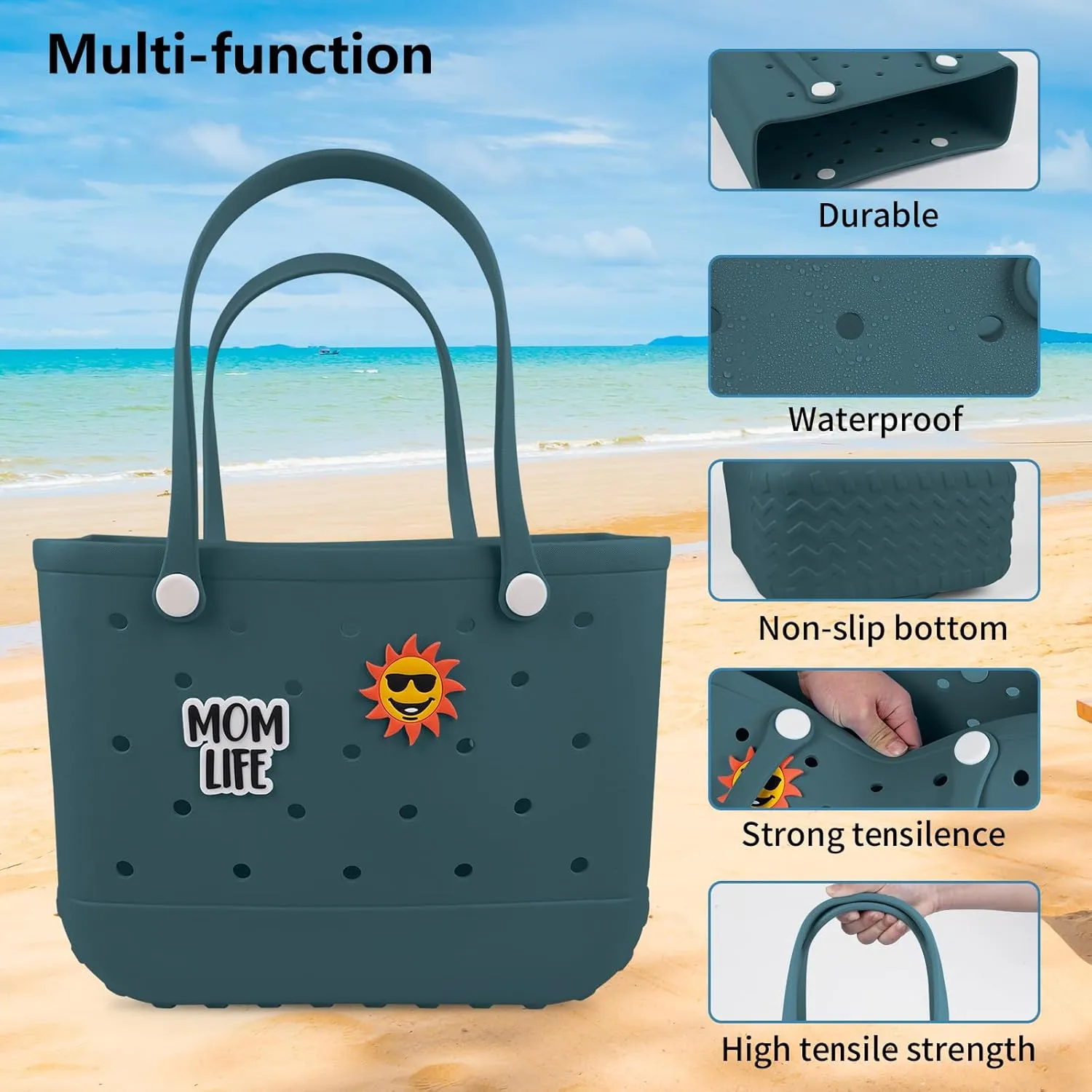 Beach Rubber Bag Tote Bag,Extra Large Waterproof Travel Women Handbag with Charms for Sports Beach Groceries Pool