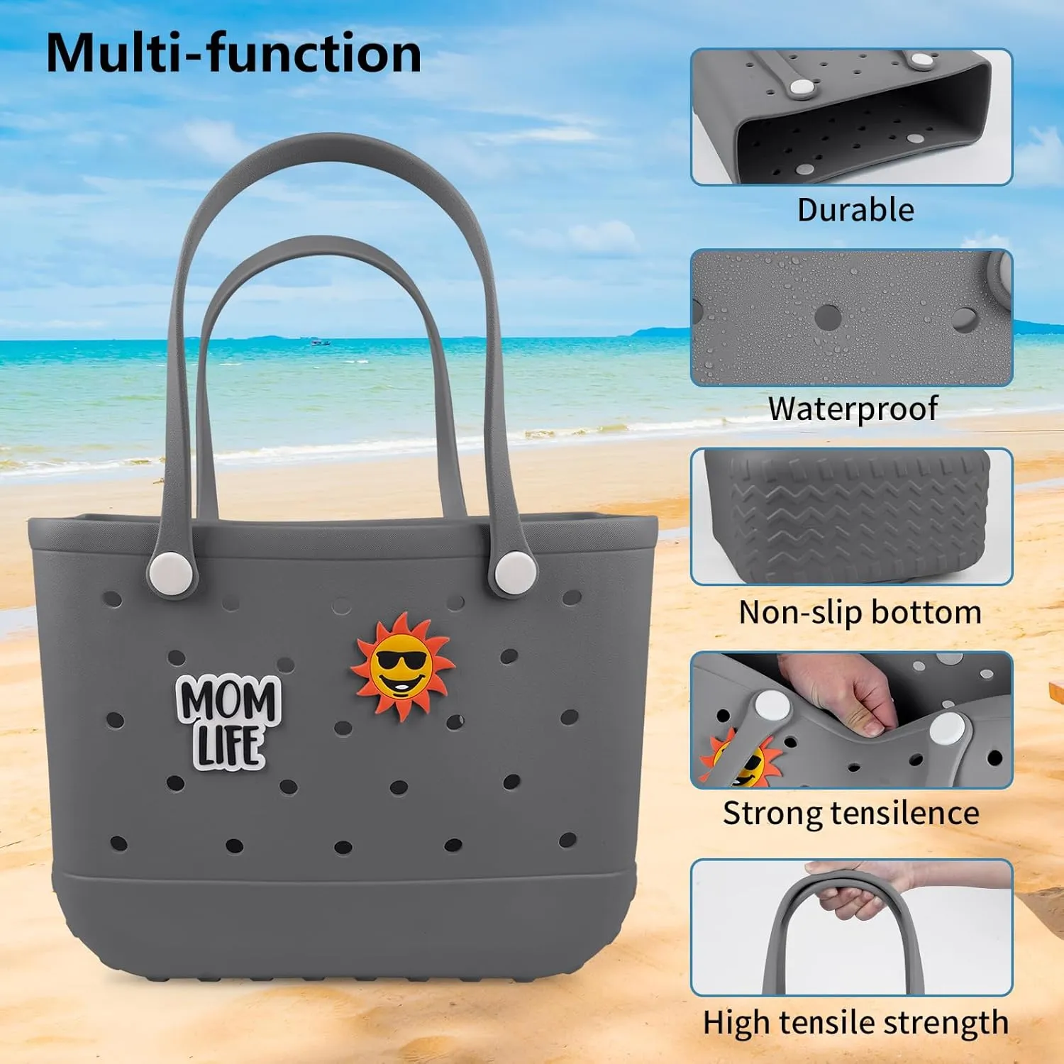 Beach Rubber Bag Tote Bag,Extra Large Waterproof Travel Women Handbag with Charms for Sports Beach Groceries Pool