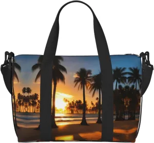 Beach Sunrise And Backlit Palm Trees Printinggym Bags For Men Women, Foldable Travel Duffle Bag,Lightweight Weekender Duffel Bag