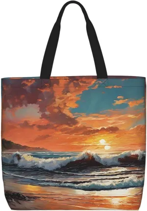 Beach Sunrise Print Tote Bag Women Single Shoulder Leisure Bag Multi-Purpose Large Shopping Bag.