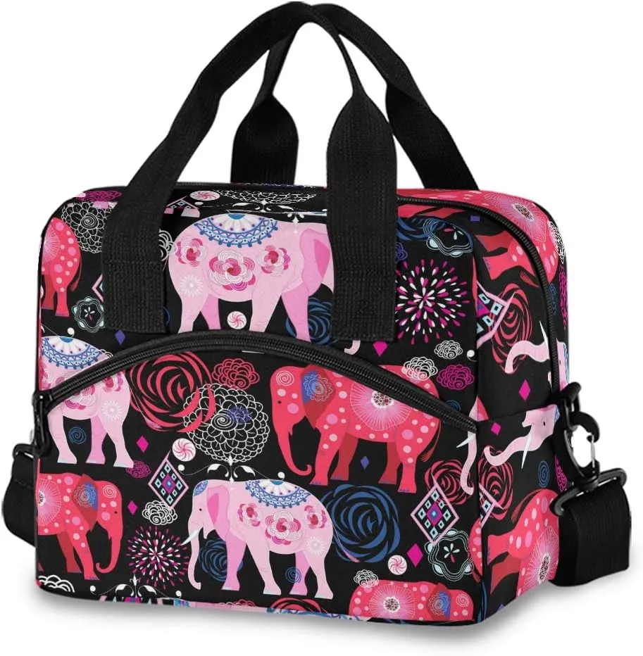 Beautiful Elephants Lunch Bag for Women Men Insulated Lunch Box Tote Bag with Detachable Shoulder Strap & Carry Handle,Reusable Cooler Bag for Work School Picnic