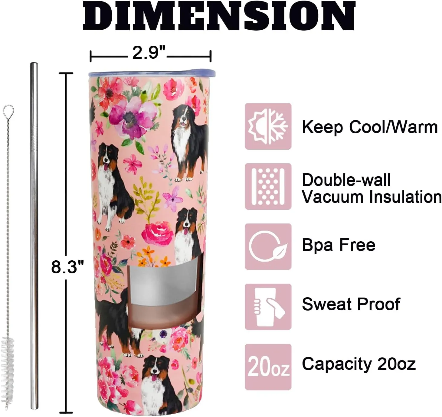 Bernese Mountain Dog Gifts for Women Cute Dog Tumbler Coffee Cup Bernese Mountain Travel Mug 20 Oz Stainless Steel Insulated Cup With Lid and Straw