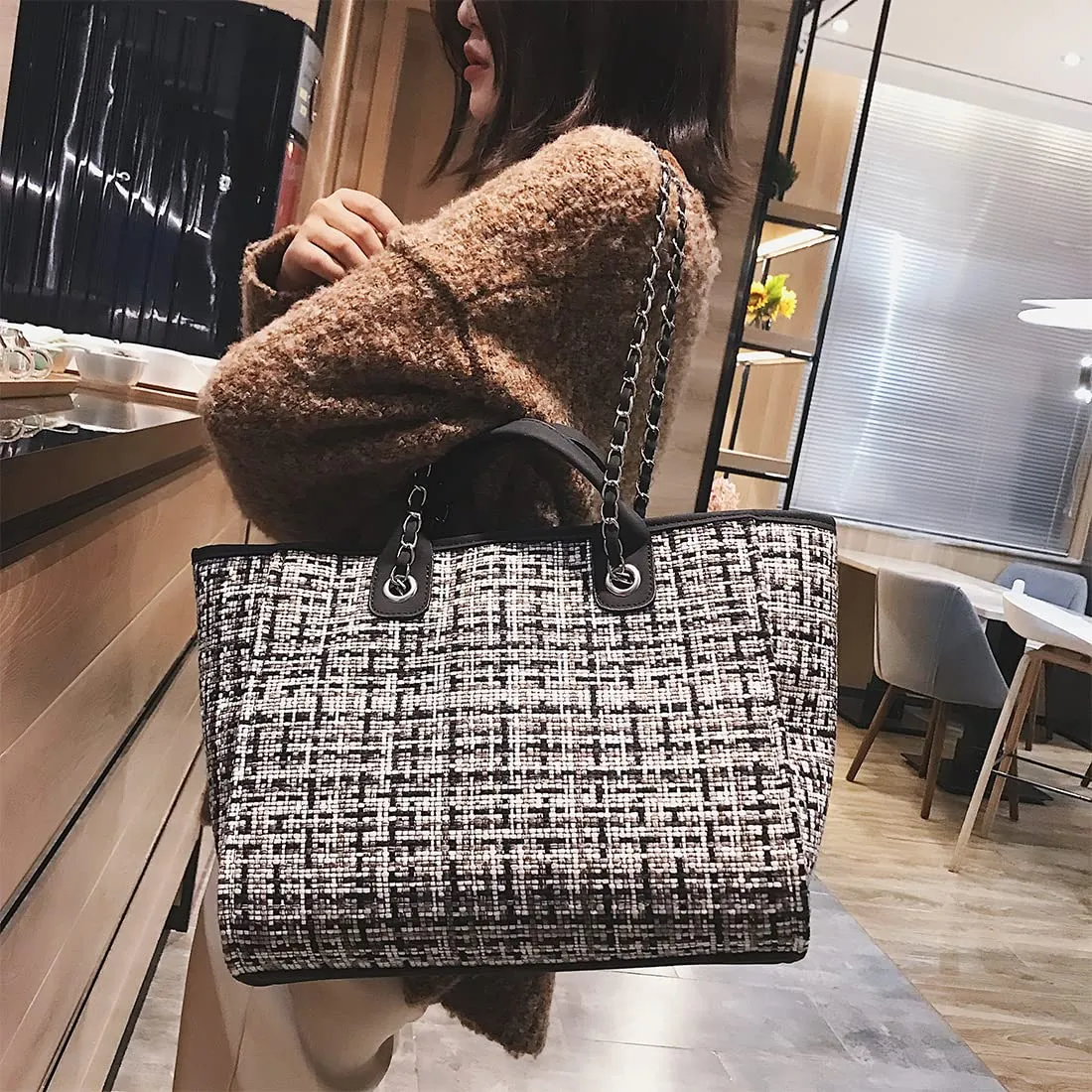 Big Capability Stripes Shoulder Bag Oversized Striped Fabric Tote Purses Bag Camo Top Handle Casual Handbag French Basket