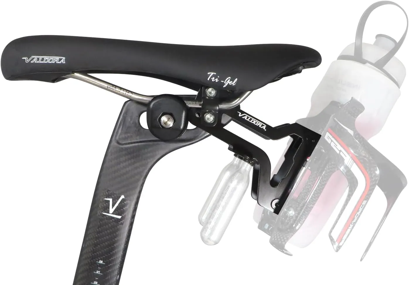 Bike Seat Water Bottle Holder with Two Bottle Cages - Behind Saddle Bottle Holder - Includes Two Tight Grip Bottle Cages. Rack is Made from Light Weight Aluminum - Stealth Black Finish